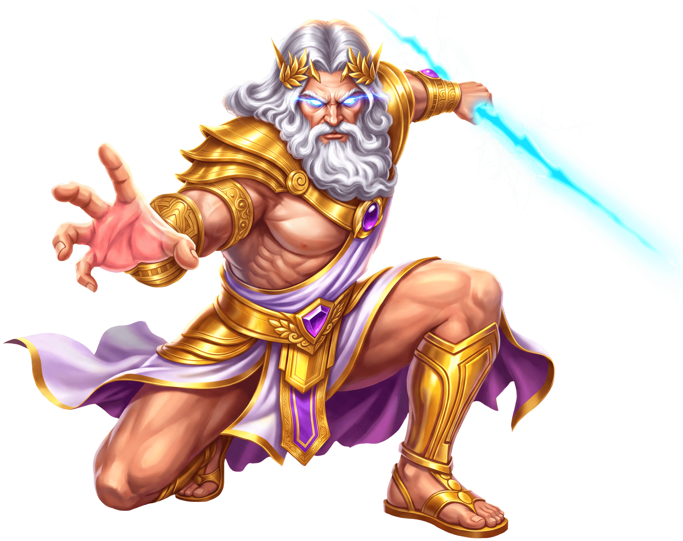 Zeus, crouched and crackling with lightning, having just landed in the temple courtyard